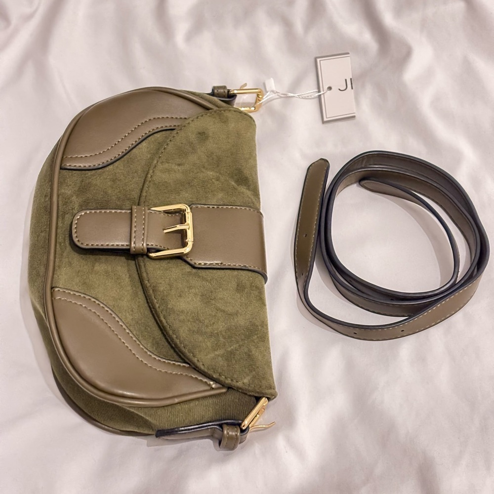 Olive Green Suede Crossbody Bag with Gold Buckle